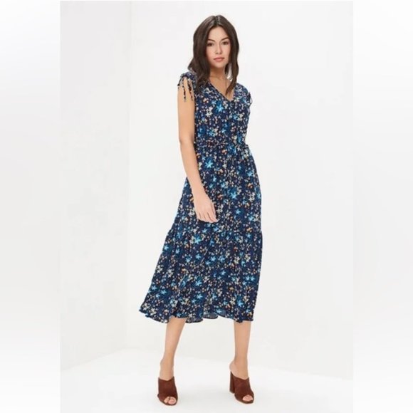 Gap Floral Tiered MIDI Dress Navy Blue v neck with shoulder ties - Picture 3 of 14